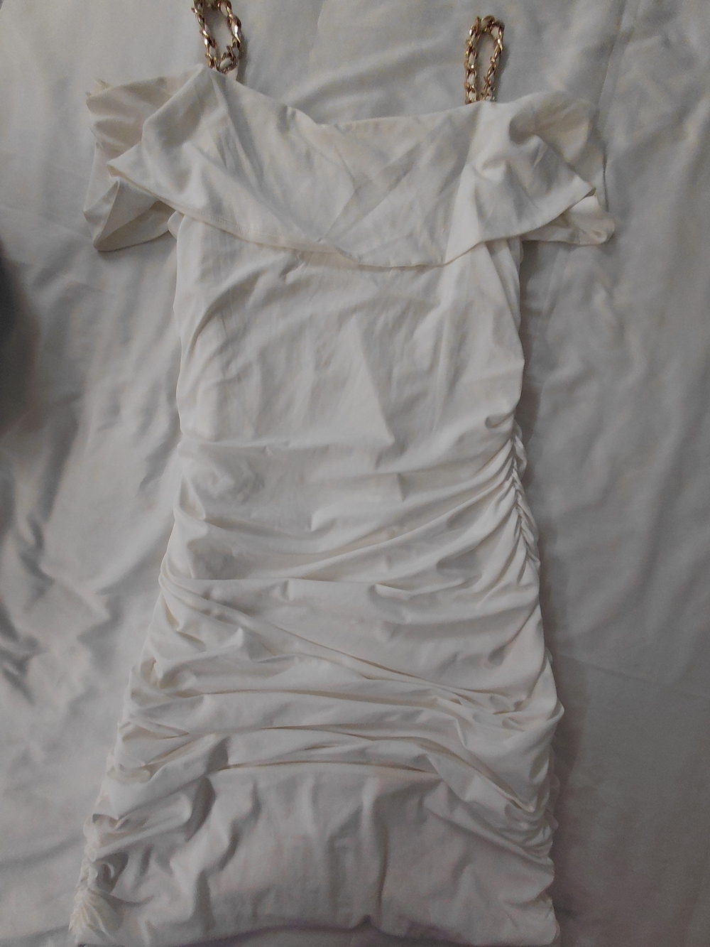 R&M Richards Cream Strapless Ruched Dress with Chain Straps